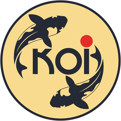 Das KOI-Logo: Zwei Koi umkreisen den Schriftzug KOI, der i-Punkt ist rot
