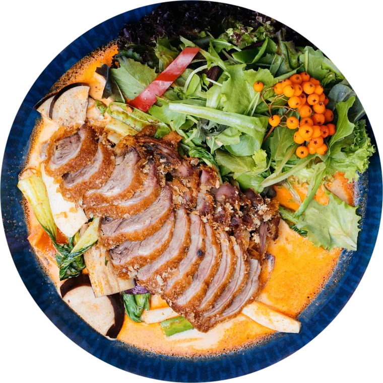 Curry Duck: aufgeschnittene knusprige Entenbrust in Currysauce mit Salat, Pilzen und Gemüse